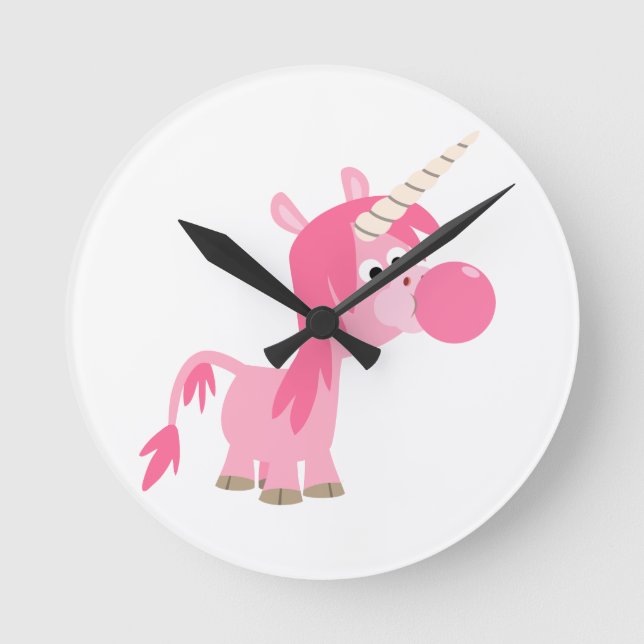 Cute Tecknad Bubble Gum Unicorn Wall Clock Rund Klocka (Framsida)