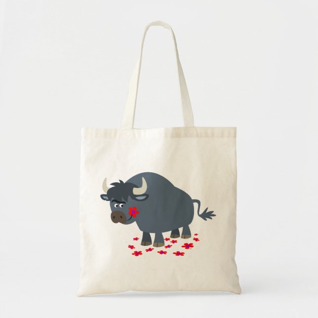 Cute Tecknad Bull och Red Bloom Bag Tygkasse (Framsidan)