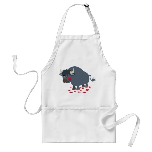 Cute Tecknad Bull och Red Bloom Cooking Apron Förkläde (Framsidan)