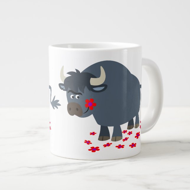 Cute Tecknad Bull och Red Bloom Jumbo Mugg (Framsida höger)