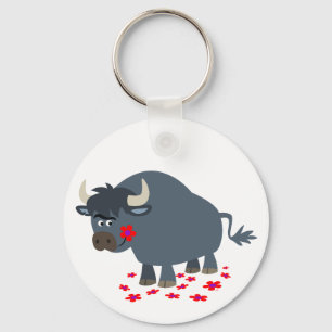 Cute Tecknad Bull och Red Bloom Keychain Nyckelring