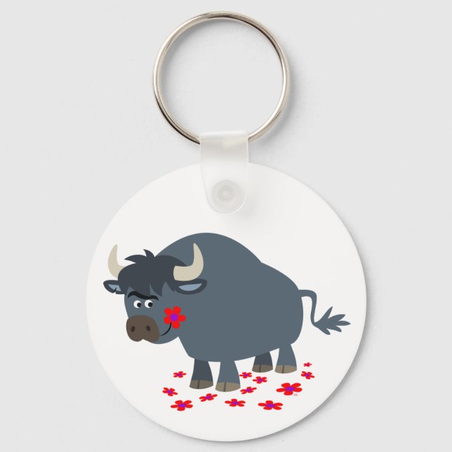 Cute Tecknad Bull och Red Bloom Keychain Nyckelring (Framsida)