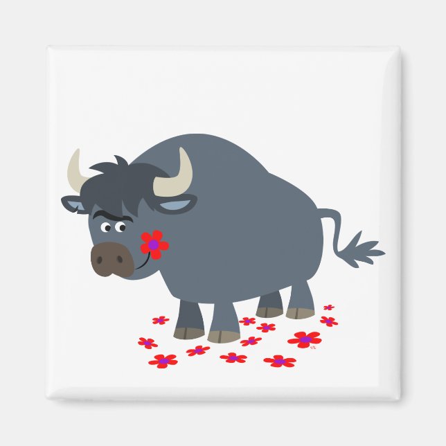 Cute Tecknad Bull och Red Bloom Magnet (Framsidan)