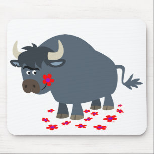 Cute Tecknad Bull och Red Bloom Mousepad Musmatta