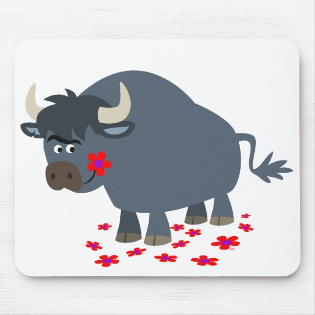 Cute Tecknad Bull och Red Bloom Mousepad Musmatta (Framsidan)