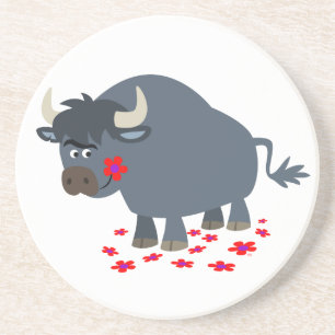 Cute Tecknad Bull och Red Bloom Underlägg Sandsten