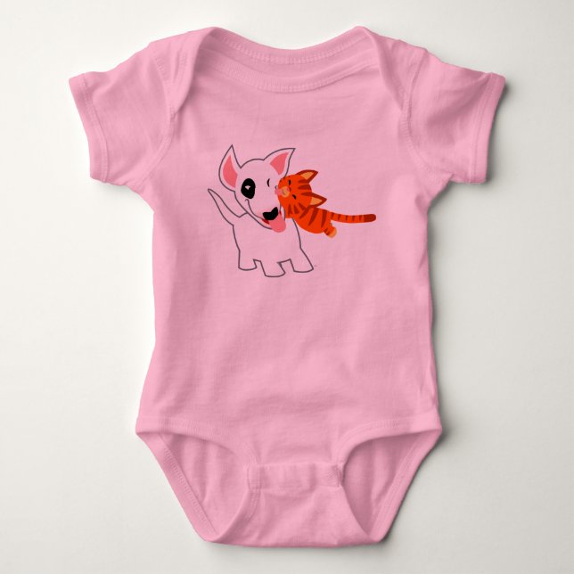 Cute Tecknad Bull Terrier och Kitten Baby Clothing T-shirt (Framsida)