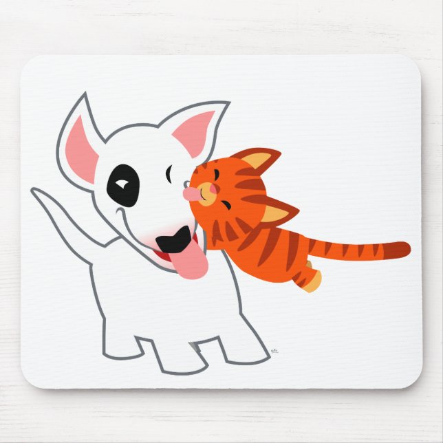 Cute Tecknad Bull Terrier och Kitten Mousepad Musmatta (Framsidan)