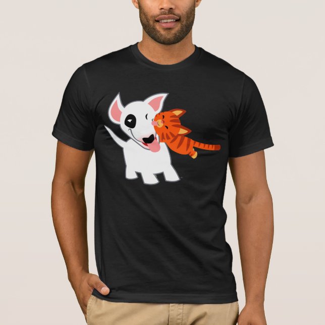 Cute Tecknad Bull Terrier och Kitten T-Shirt (Framsida)