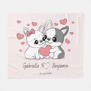 Cute Tecknad Bulldog Älskare Heart Valentine Day Fleecefilt