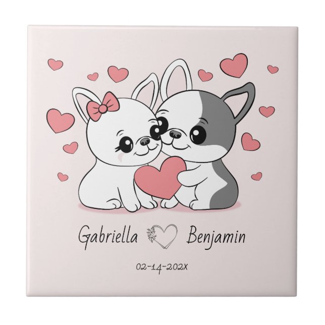 Cute Tecknad Bulldog Älskare Heart Valentine Day Kakelplatta (Framsidan)