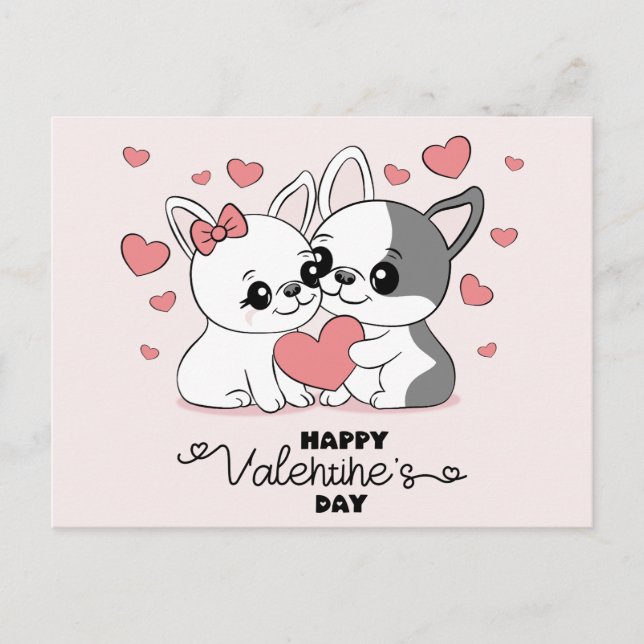 Cute Tecknad Bulldog Älskare Heart Valentine Day Vykort (Framsida)