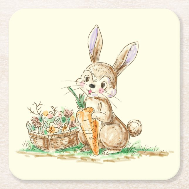 Cute Tecknad Bunny Rabbit Sketch Underlägg Papper Kvadrat (Framsidan)