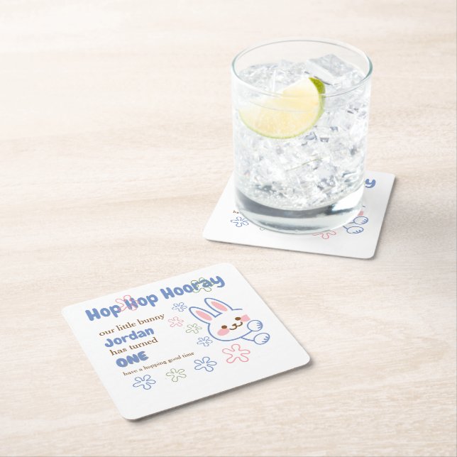 Cute Tecknad Bunny Turning One Boys 1:a födelsedag Underlägg Papper Kvadrat (Insitu)
