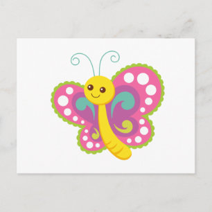 Cute Tecknad Butterfly, rosa, gult, grönt Vykort