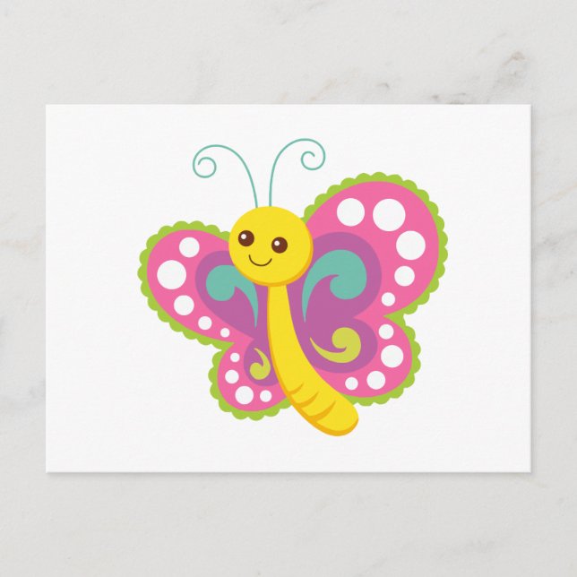 Cute Tecknad Butterfly, rosa, gult, grönt Vykort (Framsida)