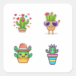 Cute Tecknad Cactus Funny 4 Pack Stickers.png Fyrkantigt Klistermärke