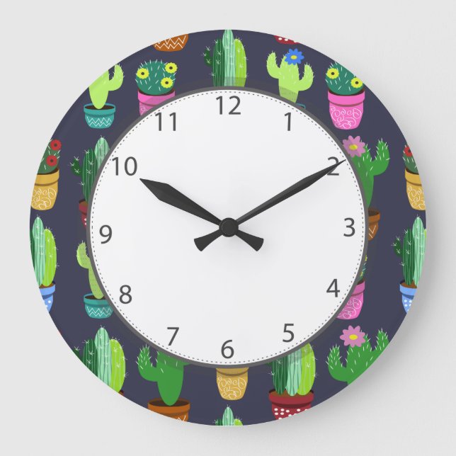 Cute Tecknad Cactus Mönster Grått Nummer Stor Klocka (Framsida)
