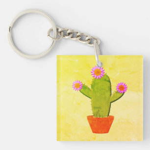 Cute Tecknad Cactus with Rosa Flowers Painting