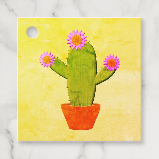 Cute Tecknad Cactus with Rosa Flowers Painting Gåvor Etiketter (Framsida)
