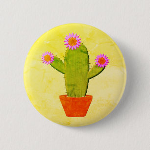 Cute Tecknad Cactus with Rosa Flowers Painting Knapp