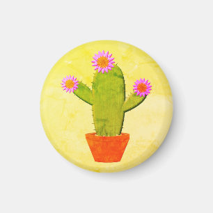 Cute Tecknad Cactus with Rosa Flowers Painting Magnet