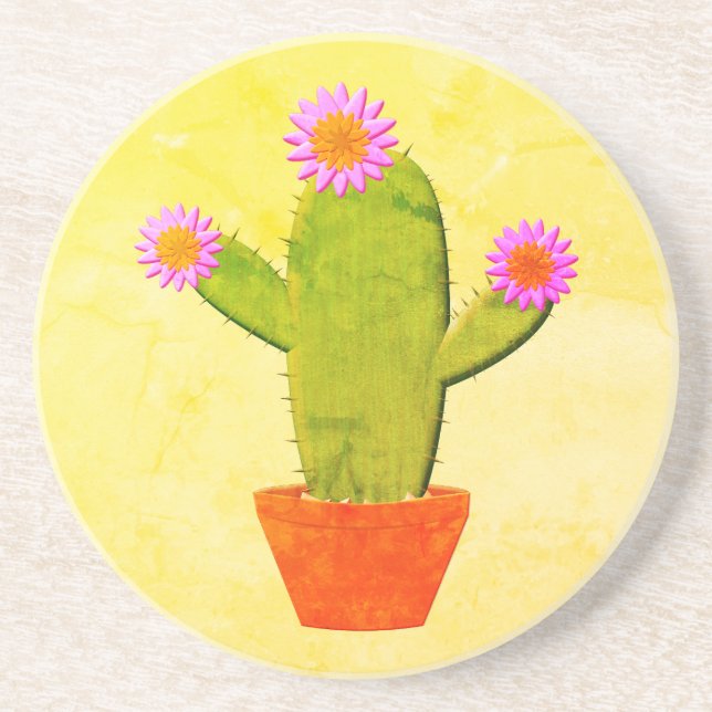Cute Tecknad Cactus with Rosa Flowers Painting Underlägg (Framsidan)