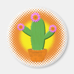 Cute Tecknad Cactuwith Rosa Flowers Magnet
