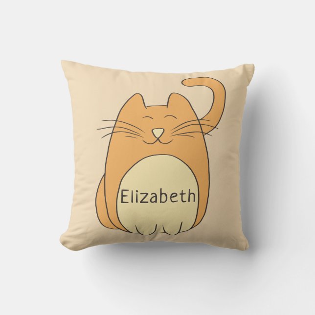 Cute Tecknad Cat Add Namn | Beige Kudde (Framsida)