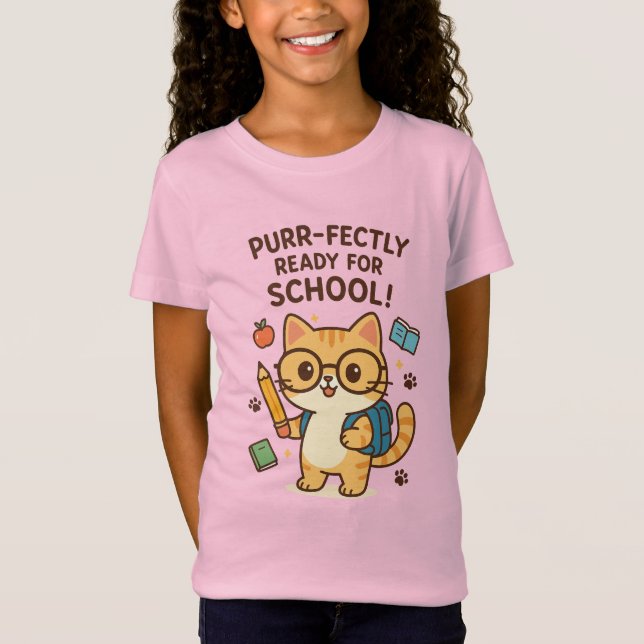 Cute Tecknad Cat Back to school Kids T Shirt (Framsida)