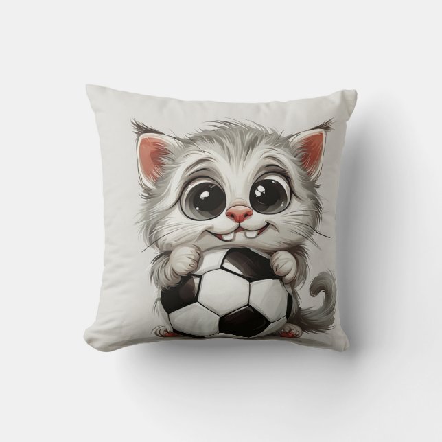 Cute Tecknad Cat Holding Soccer Ball Kudde (Framsida)