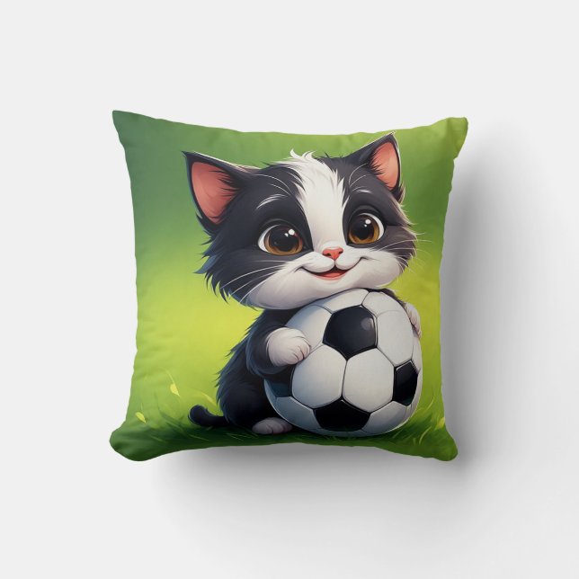 Cute Tecknad Cat Holding Soccer Ball Kudde (Framsida)