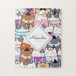 Cute Tecknad Cat Kitten Mönster Monogram Girl Namn Pussel