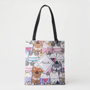 Cute Tecknad Cat Kitten Mönster Monogram Girl Namn Tygkasse