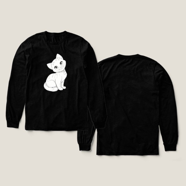 Cute Tecknad Cat Line Art - Adsible Kattunge Illus T Shirt (Design framsida och baksida)