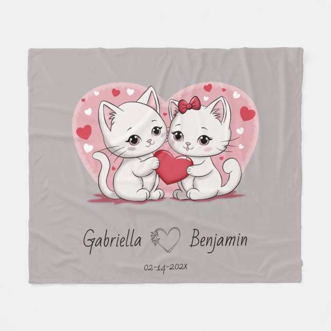 Cute Tecknad Cat Lovers Heart Valentine Day Fleecefilt (Framsidan (Horisontell))