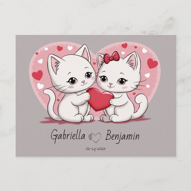 Cute Tecknad Cat Lovers Heart Valentine Day Vykort (Framsida)