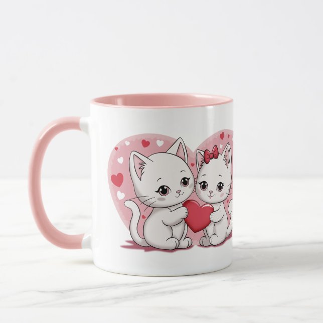 Cute Tecknad Cat Lovers Hearts Valentine Day Mugg (Vänster)