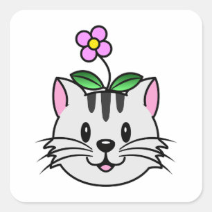 Cute Tecknad Cat med blomma på huvudet Fyrkantigt Klistermärke