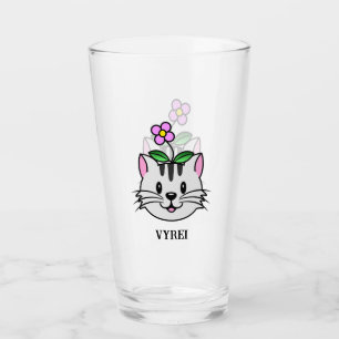 Cute Tecknad Cat med blomma på huvudet Glaskopp