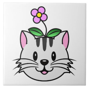 Cute Tecknad Cat med blomma på huvudet Kakelplatta