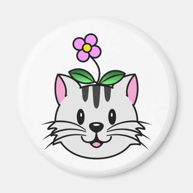Cute Tecknad Cat med blomma på huvudet Magnet (Framsidan)