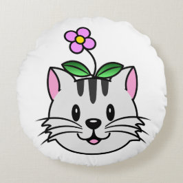 Cute Tecknad Cat med blomma på huvudet Rund Kudde