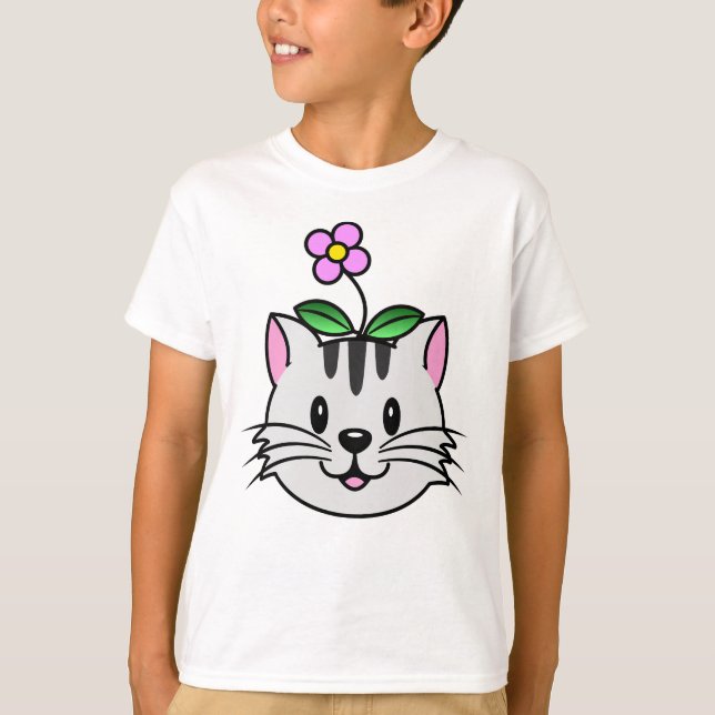 Cute Tecknad Cat med blomma på huvudet T Shirt (Framsida)