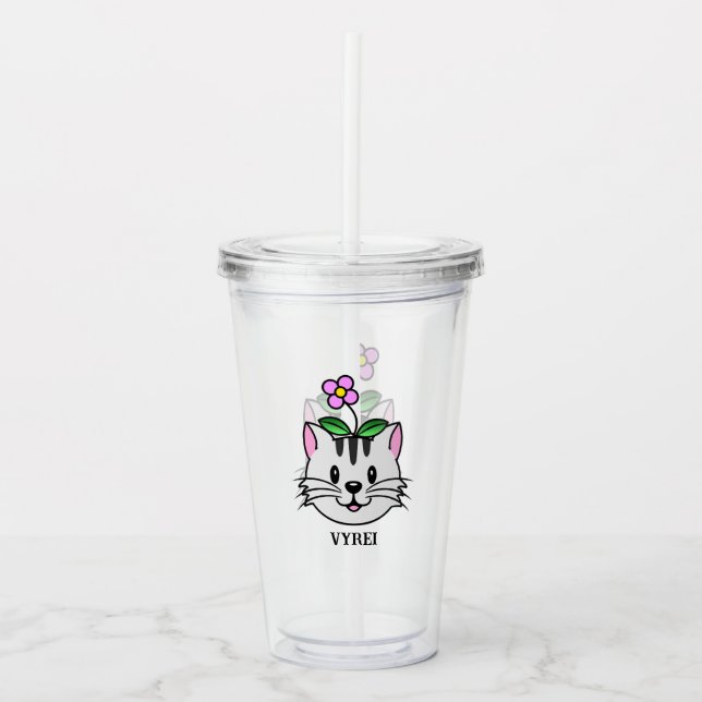 Cute Tecknad Cat med blomma på huvudet Take Away Mugg (Framsida)