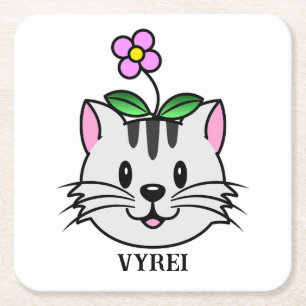 Cute Tecknad Cat med blomma på huvudet Underlägg Papper Kvadrat