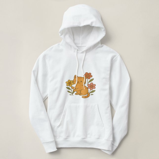 Cute Tecknad Cat spelar med Flowers Hoodie Desig T Shirt (Design framsida)