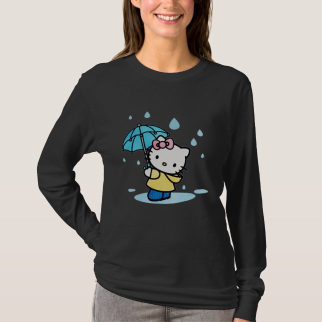 Cute Tecknad Cat with Parbrella in Rain - Kawai T Shirt (Framsida)