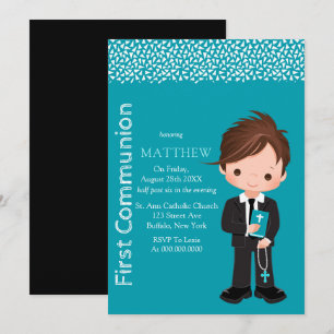 Cute Tecknad Catholic Boy First Communion Inbjudningar