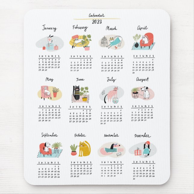Cute Tecknad Cats and Hundar 2023 Calendar Musmatta (Framsidan)